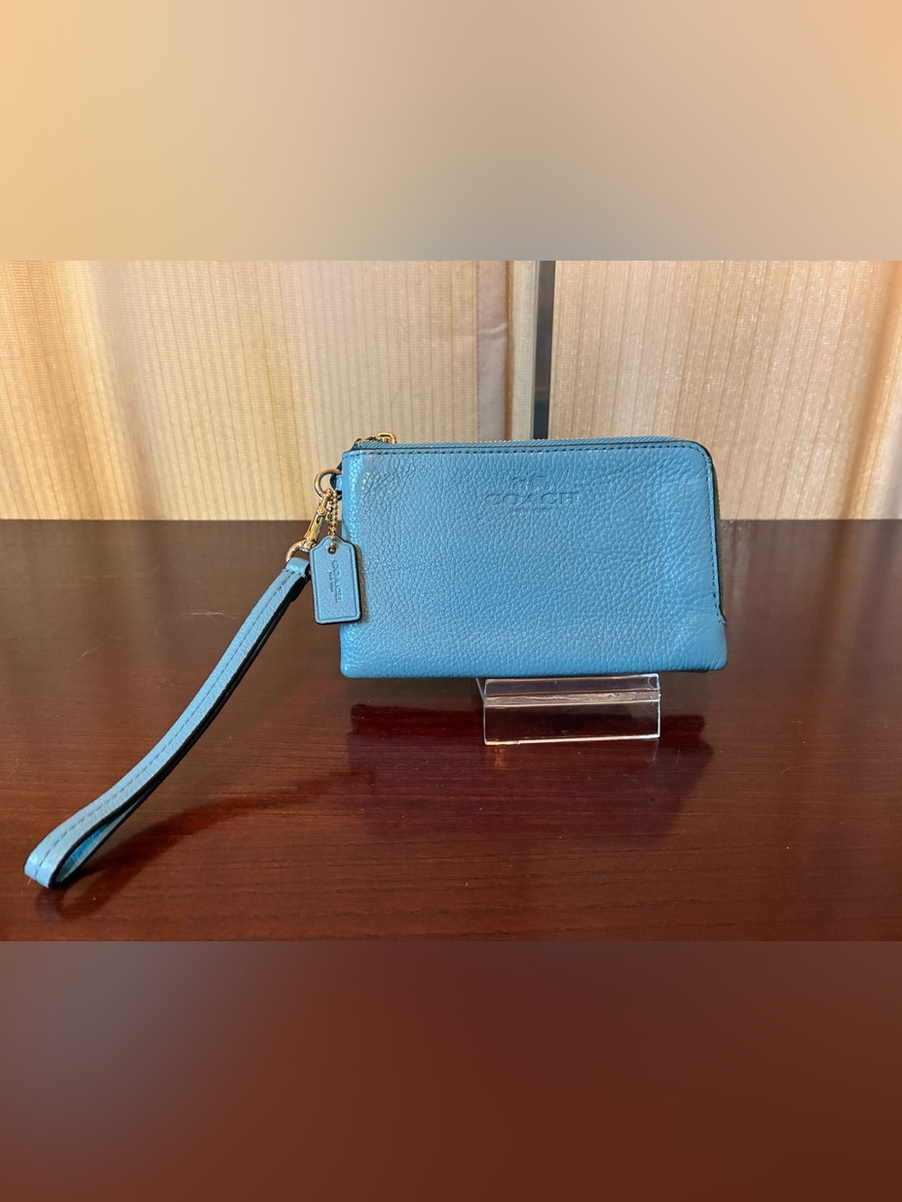 Coach Teal Blue Pebbled Leather Wristlet with Gold Hardware